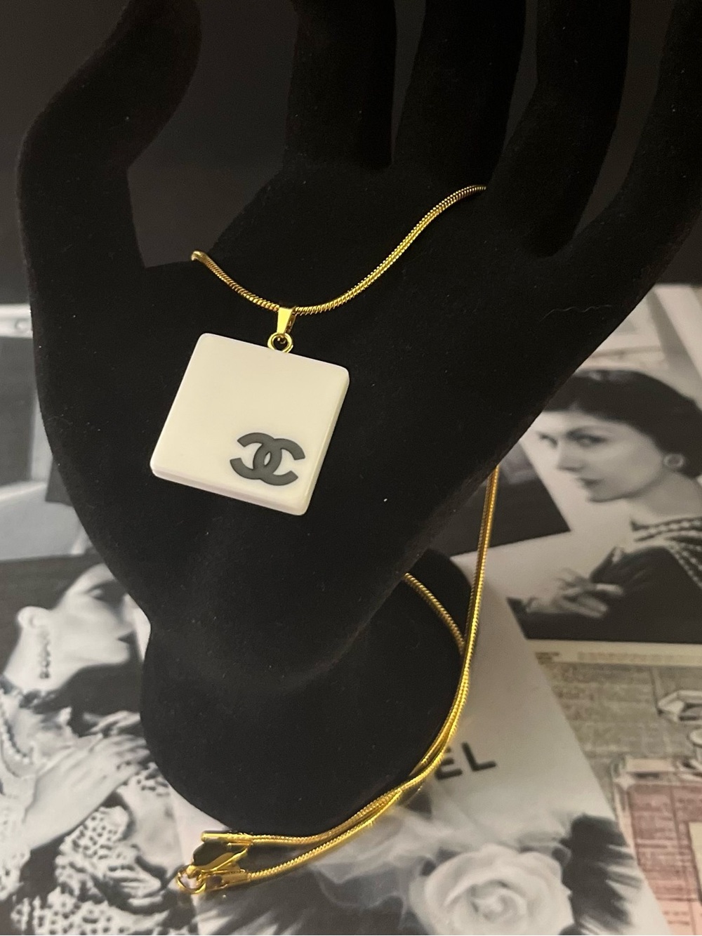 CHANEL White Square acrylic Pendant Necklace with black CC on Gold Chain
